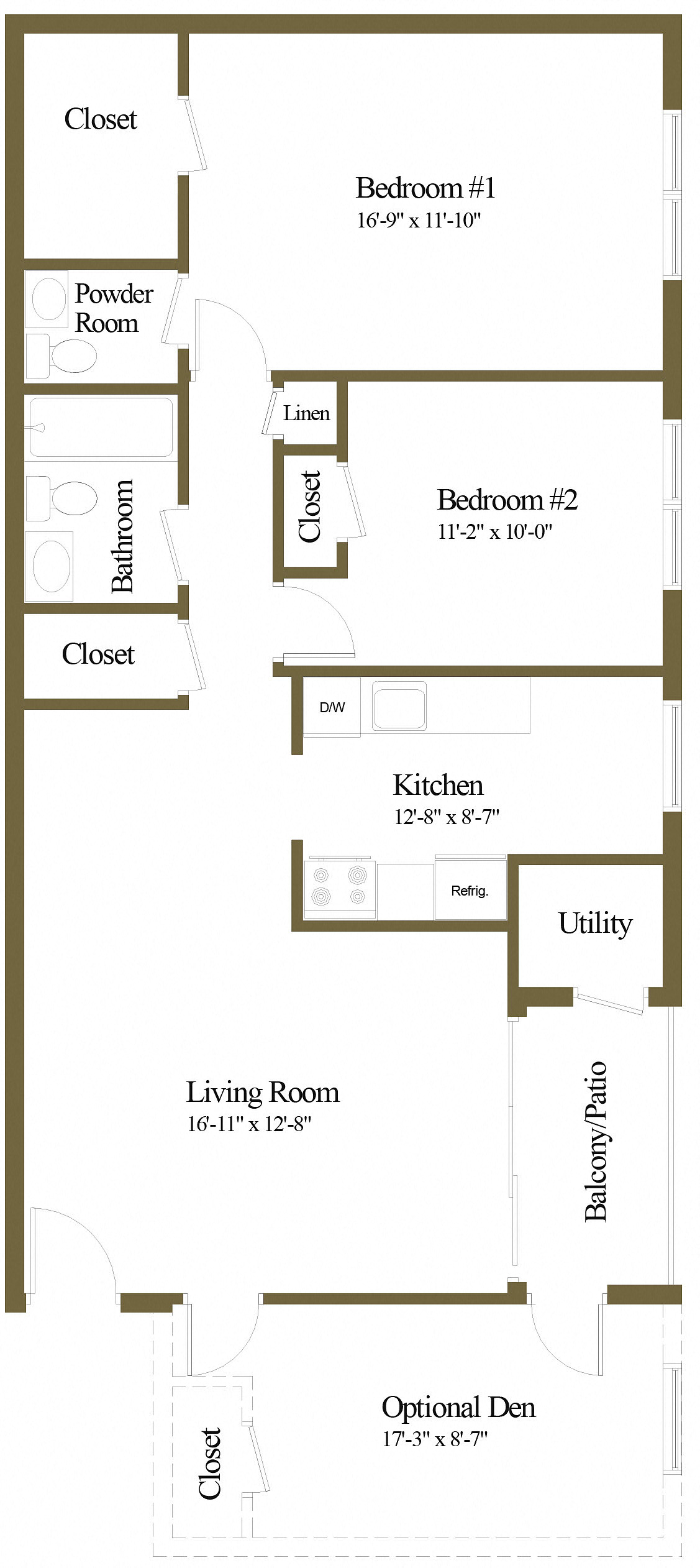 Floor plan for 2 beds, 1 bath, 788 sqft